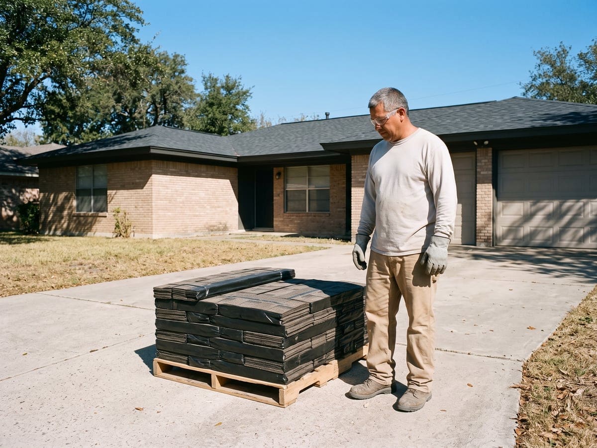 Our roofing company in San Antonio: a worker standing on the driveway of a ranch house beside a neatly stacked pallet of plain unmarked shingle bundles.