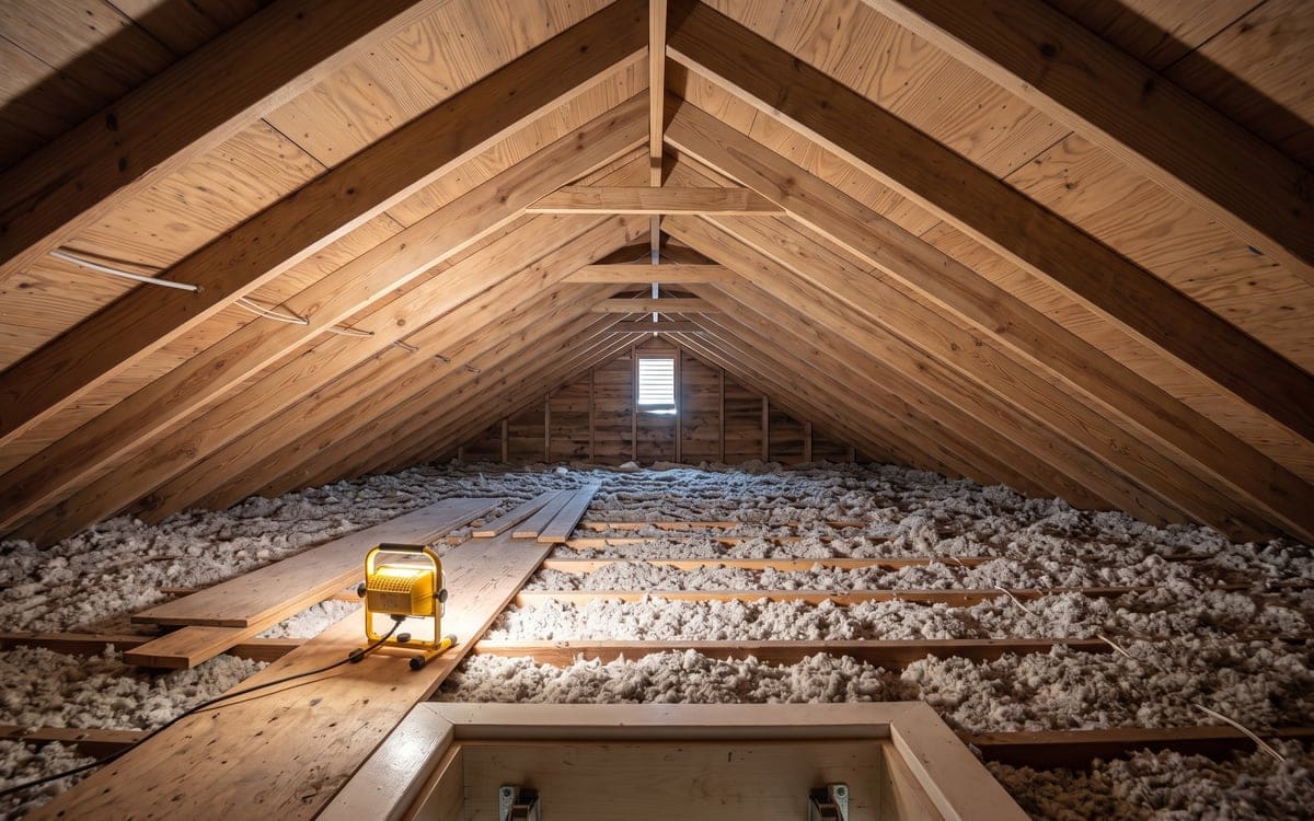 An attic seen from the hatch opening, rafters and roof deck lit by a bright work light, insulation between the joists.