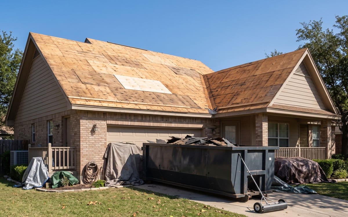 A roof stripped to its plywood deck during a re-roof, one lighter replacement panel among the older ones, old shingles in a dumpster below.