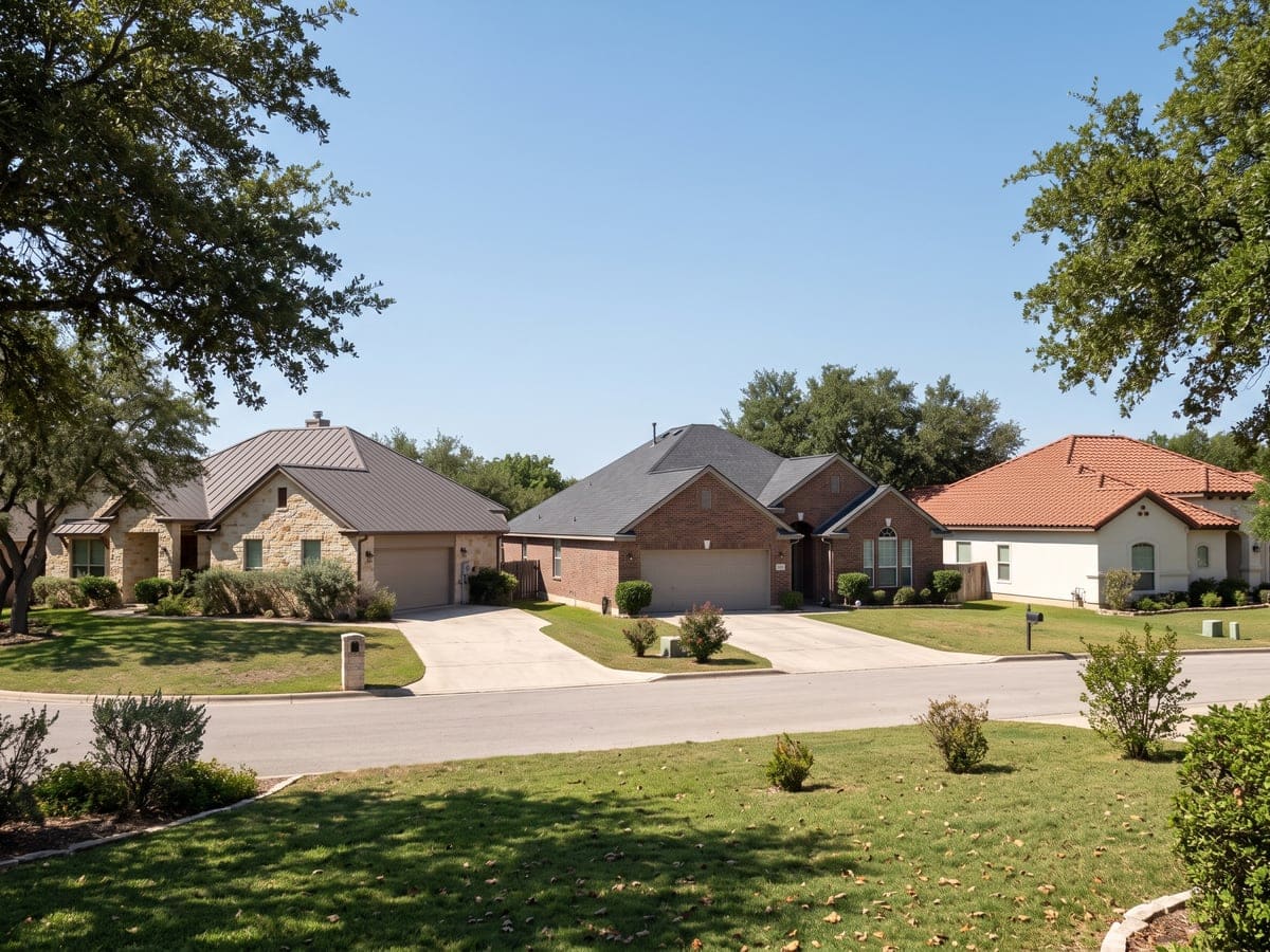 Roofing articles in San Antonio: a street with three different roofs: a limestone house with metal, a brick ranch with shingles and a stucco house with clay tile.