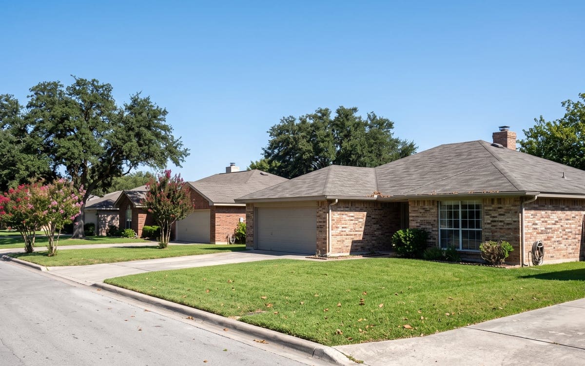 Three brick ranch houses along a quiet street with gray and brown shingle roofs and pink crape myrtles at the curb.