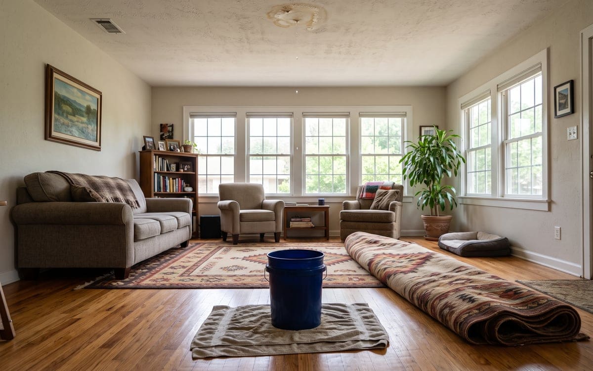 A bucket on a towel under a small drip from a stained ceiling in a bright living room, a rug rolled back.