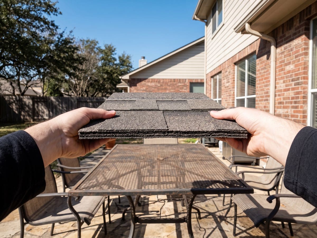 Impact resistant shingles in San Antonio: two hands holding a thick impact-rated architectural shingle sample over a patio table, its edge in view.