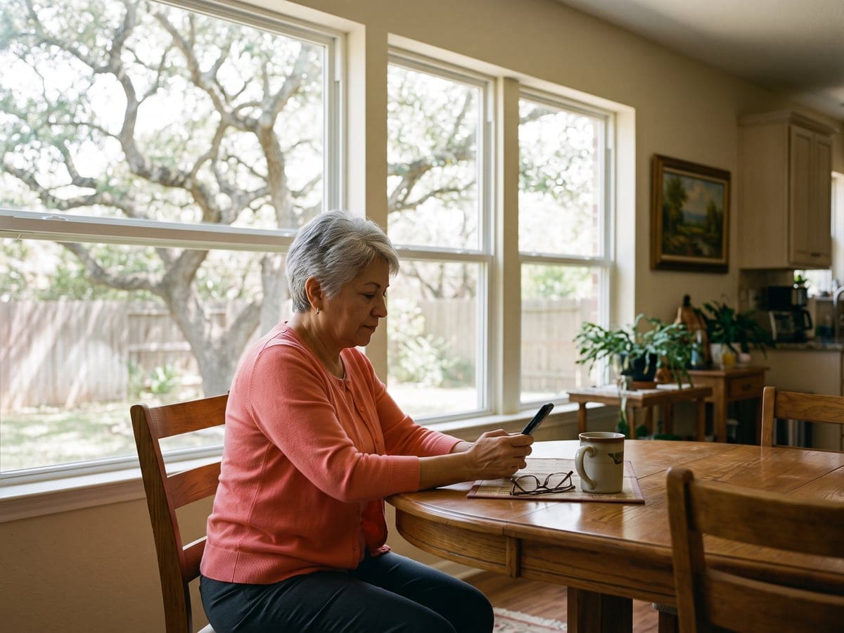 Calling a roofer in San Antonio: a homeowner at a kitchen table holding a phone, a window behind her looking out on a backyard live oak.