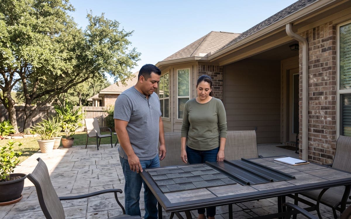 A couple at a patio table looking at a shingle sample and a short standing seam panel side by side.