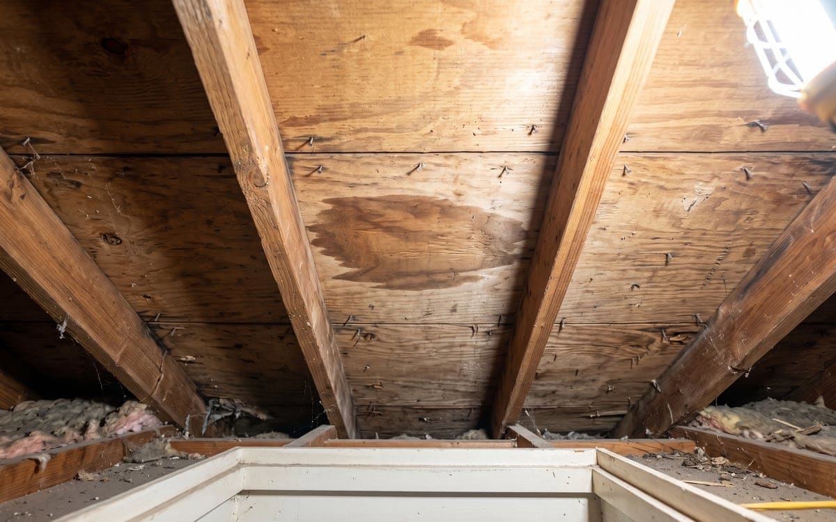 The underside of a roof deck seen from the attic hatch, one darker damp patch on the plywood, lit by a bright work light.