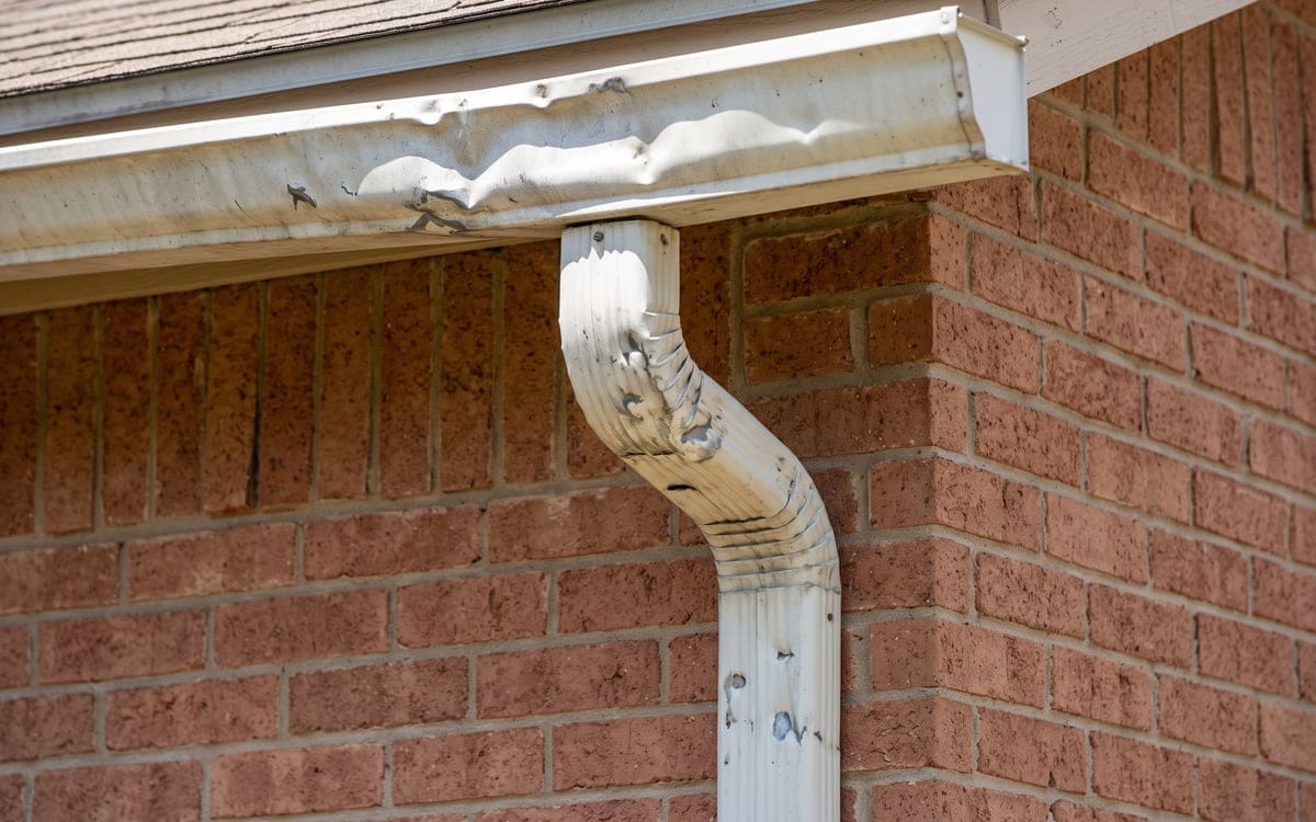 A dented white aluminum gutter and downspout on the corner of a brick house after a hailstorm, the brick wall clean.