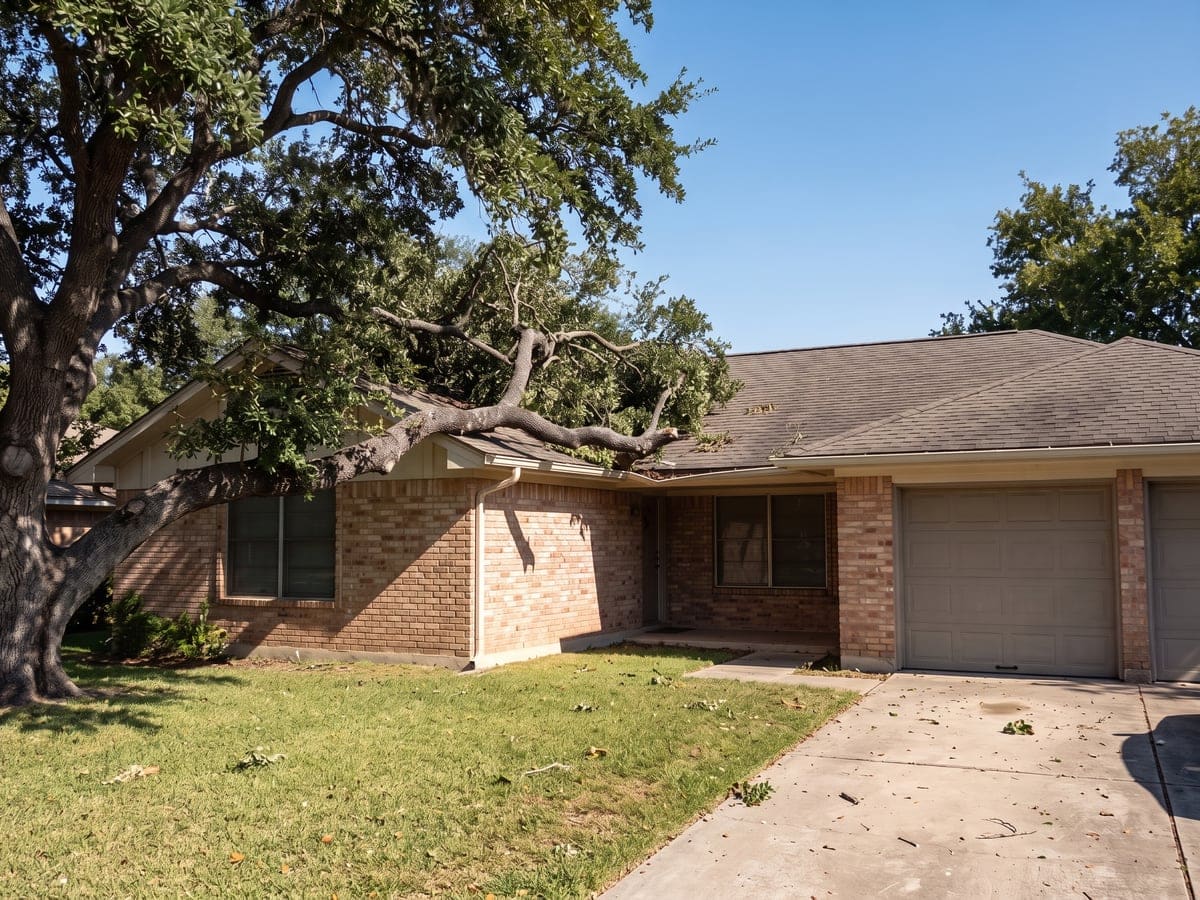 Emergency roof repair in San Antonio: a large live oak limb resting on the edge of a shingle roof of a ranch house on a bright morning after a windstorm, the yard otherwise tidy.