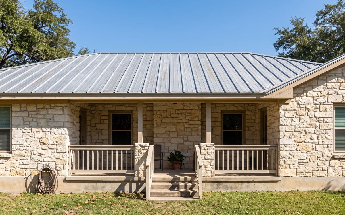 A galvanized exposed-fastener metal roof over the back porch of a stone ranch house, screws in straight rows.