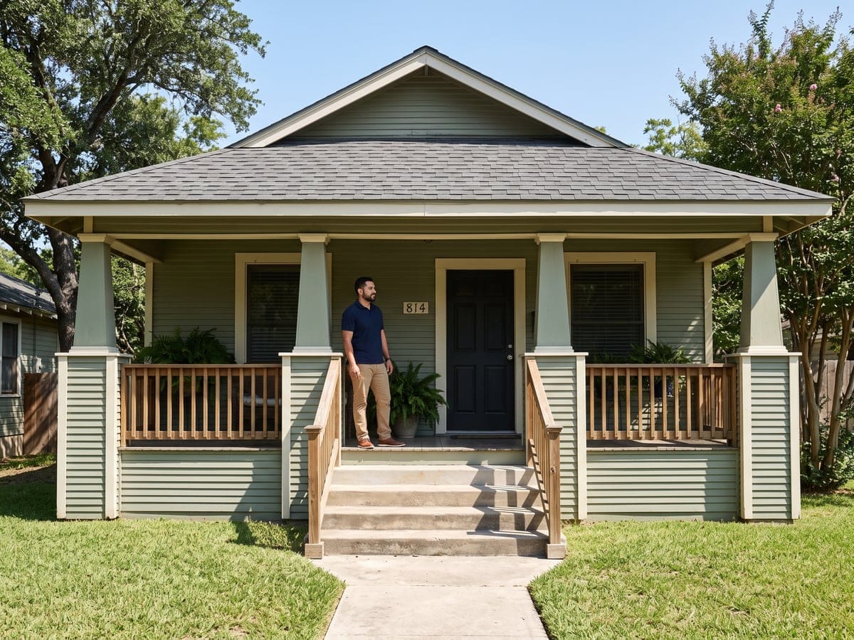Roofing questions in San Antonio: a homeowner on the porch of a small craftsman bungalow, looking out at the street, the porch roof's shingles in view.