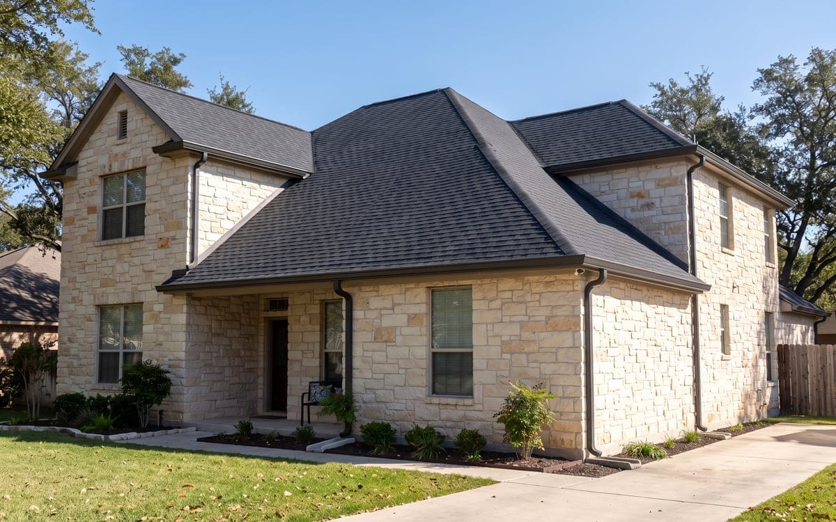 A two-story stone house with a new charcoal architectural shingle roof, clean ridge and gutters.