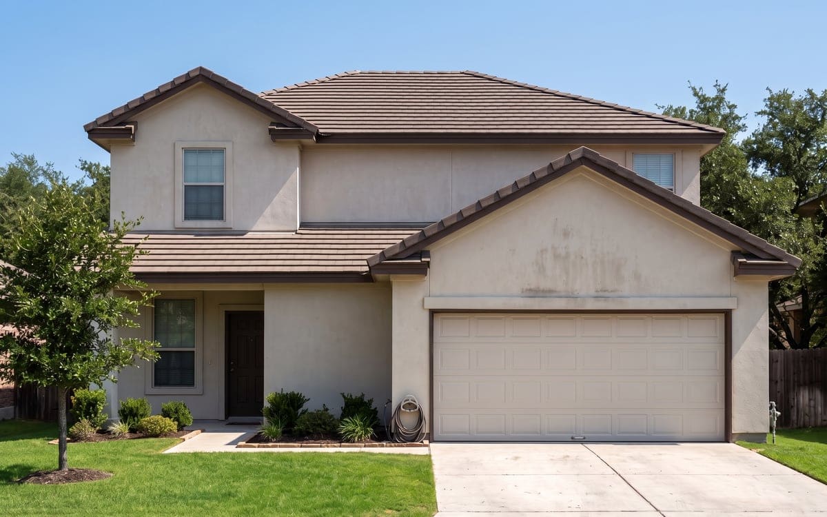 A stucco two-story house with a flat brown concrete tile roof and a two-car garage, a trimmed lawn.