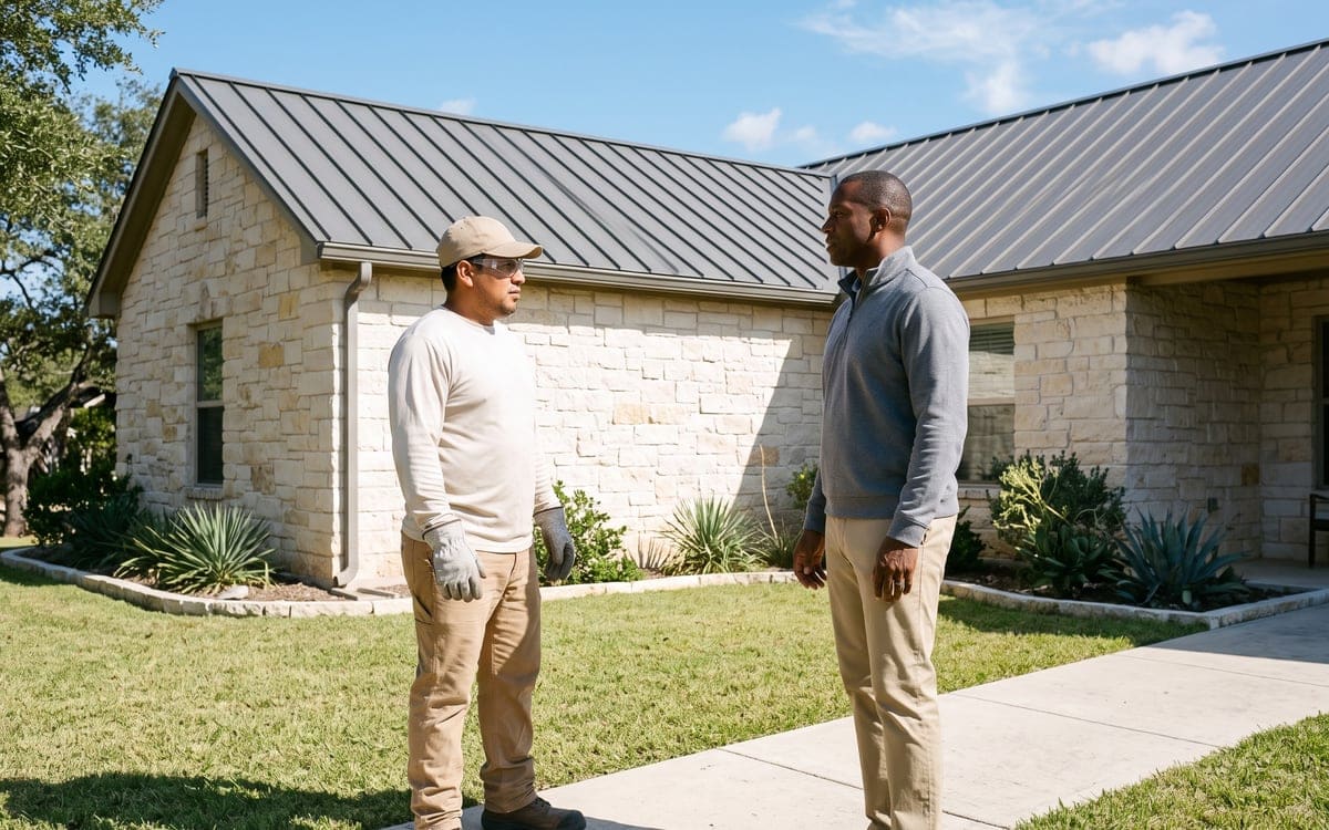 A worker and a homeowner stand on the front walk of a limestone house with a standing seam metal roof, facing each other in conversation.