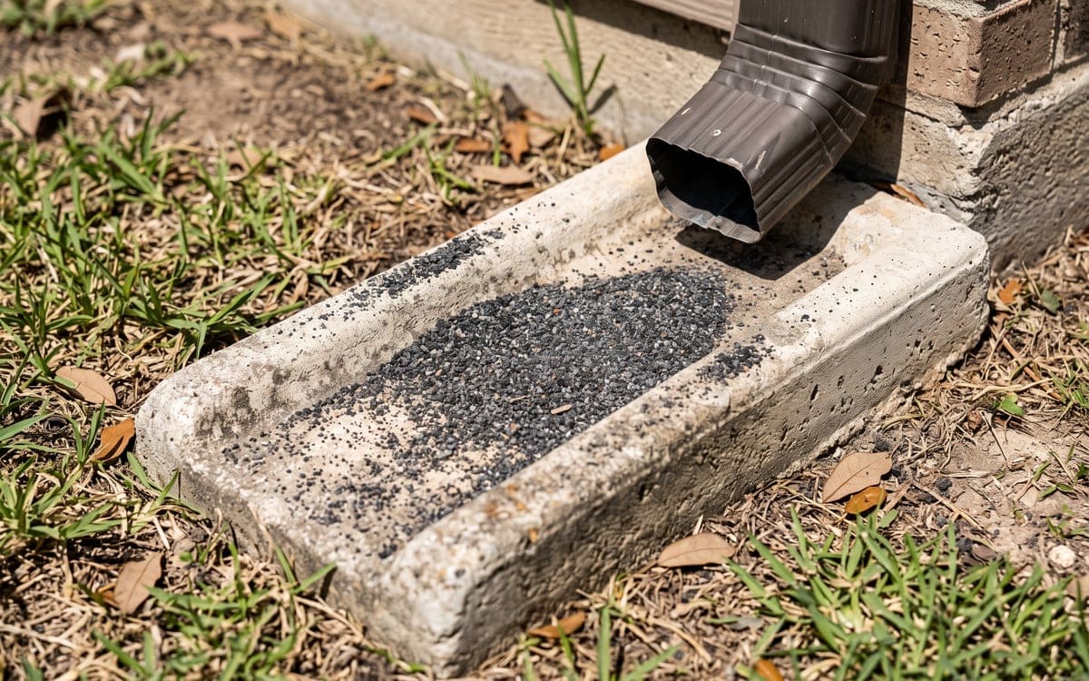 Dark shingle granules collected in a concrete splash block at the foot of a downspout.