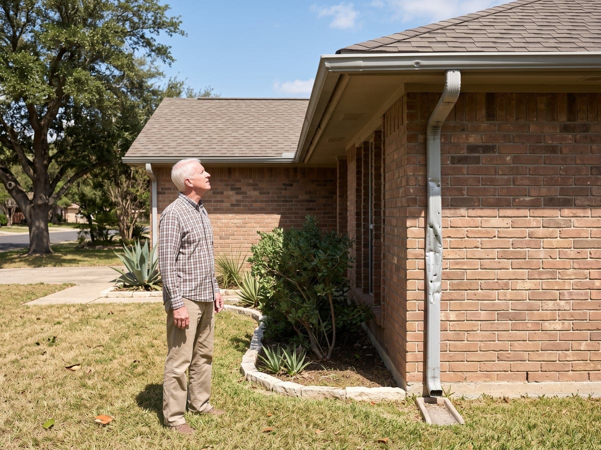Hail damage roof in San Antonio: a homeowner on the lawn looking at a dented downspout on the corner of a brick ranch house on a bright morning after hail.