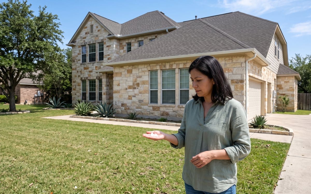 A homeowner on the front lawn of a two-story stone house looks down at a few small hailstones in her open palm.