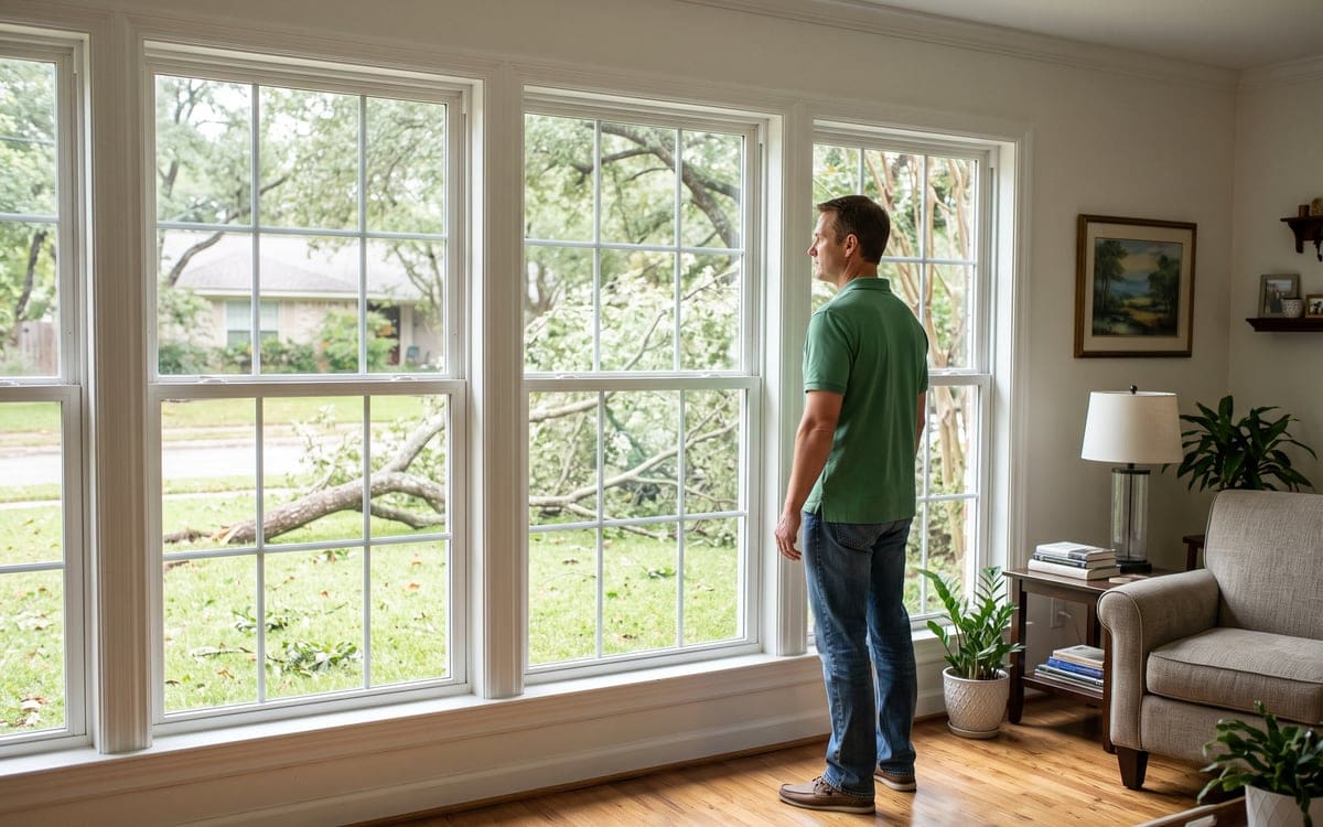 A homeowner at a living room window looking out at a fallen branch on the lawn after a storm.
