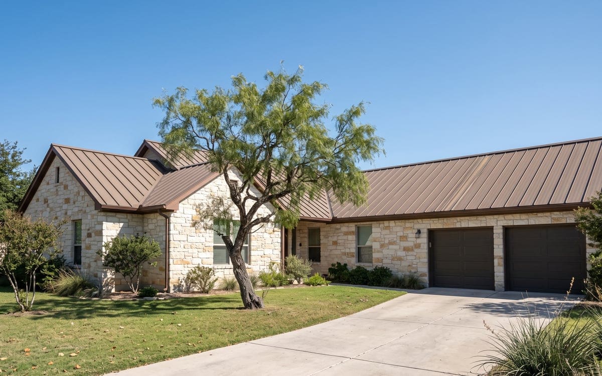 A Hill Country limestone house with a bronze standing seam metal roof and a mesquite tree in the front yard.