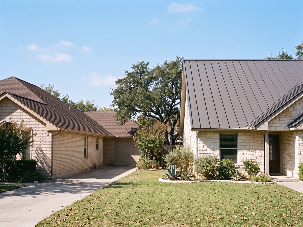Metal roof vs shingles in San Antonio: two neighboring houses, one with a brown shingle roof and one with a dark standing seam metal roof.