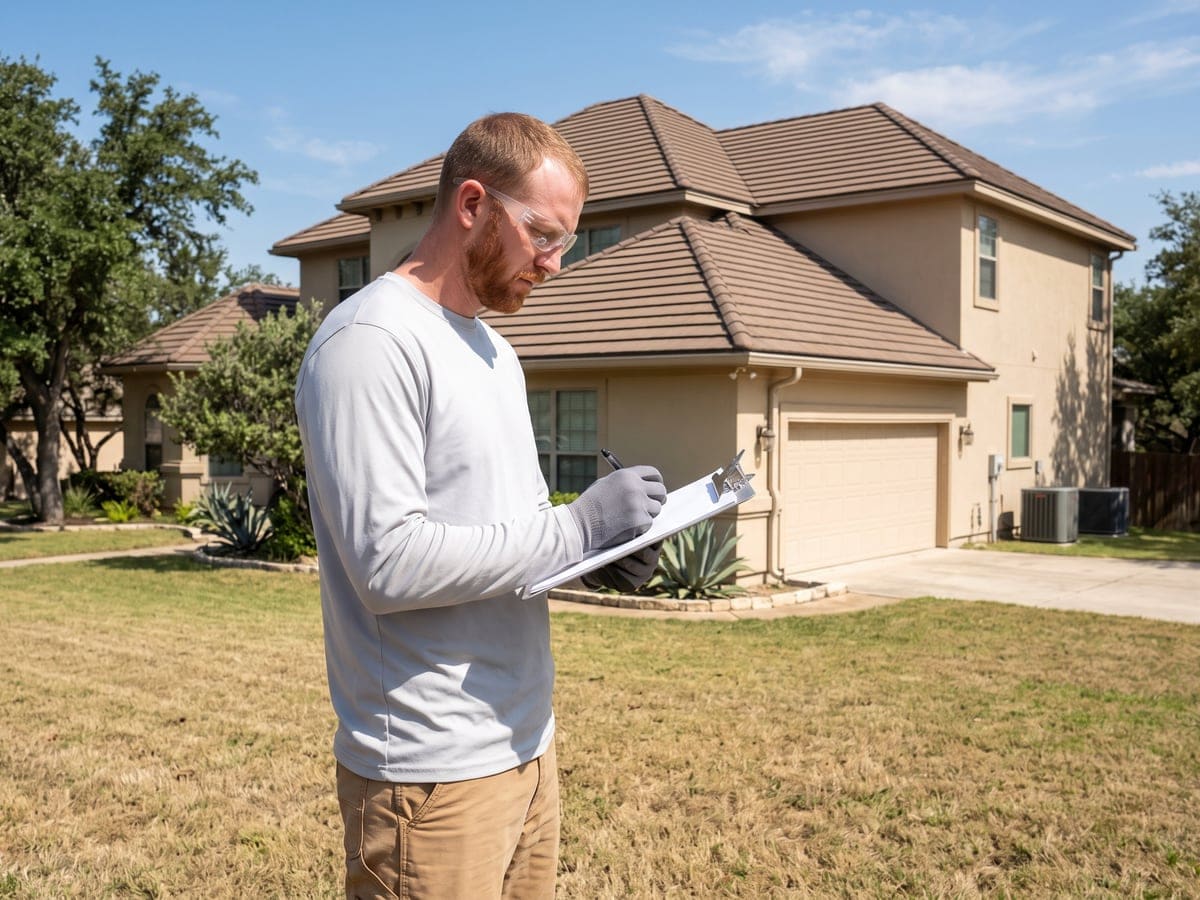 Roof inspection in San Antonio: a roofer on the lawn writes on a clipboard, a stucco two-story house with a brown concrete tile roof behind him.