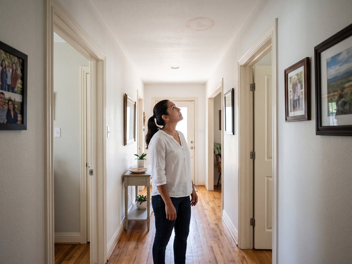 Roof leak repair in San Antonio: a homeowner in a bright hallway looking up at a small soft-edged tan ring on the white ceiling.
