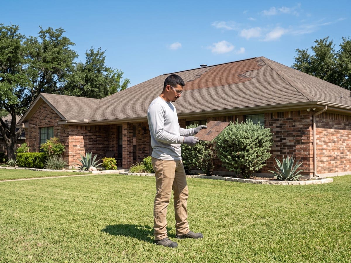 Roof repair in San Antonio: a worker on the lawn of a brick ranch house holds a brown shingle in gloved hands, a repaired patch near the ridge behind him.