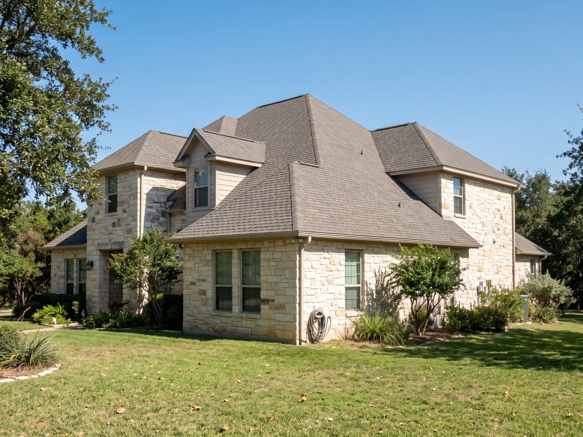 Roof replacement cost in San Antonio: a large two-story stone house whose roof has many hips, valleys and a dormer, all in gray-brown architectural shingles.