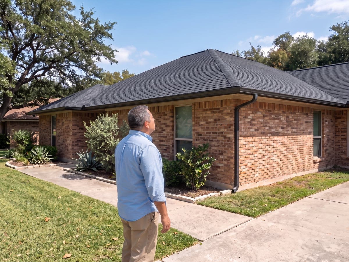 Roof replacement in San Antonio: a homeowner on the front walk of a brick ranch house looking up at its newly finished charcoal architectural shingle roof.