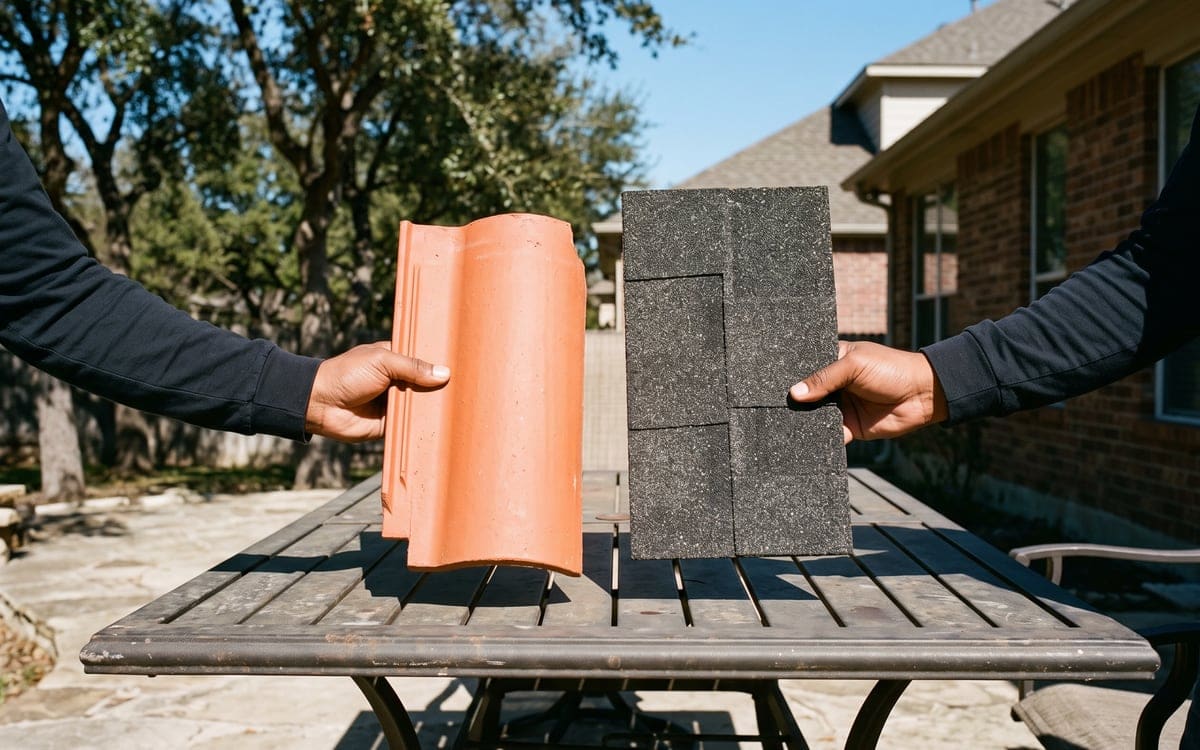 Two hands holding a clay tile and an architectural shingle sample over a patio table.