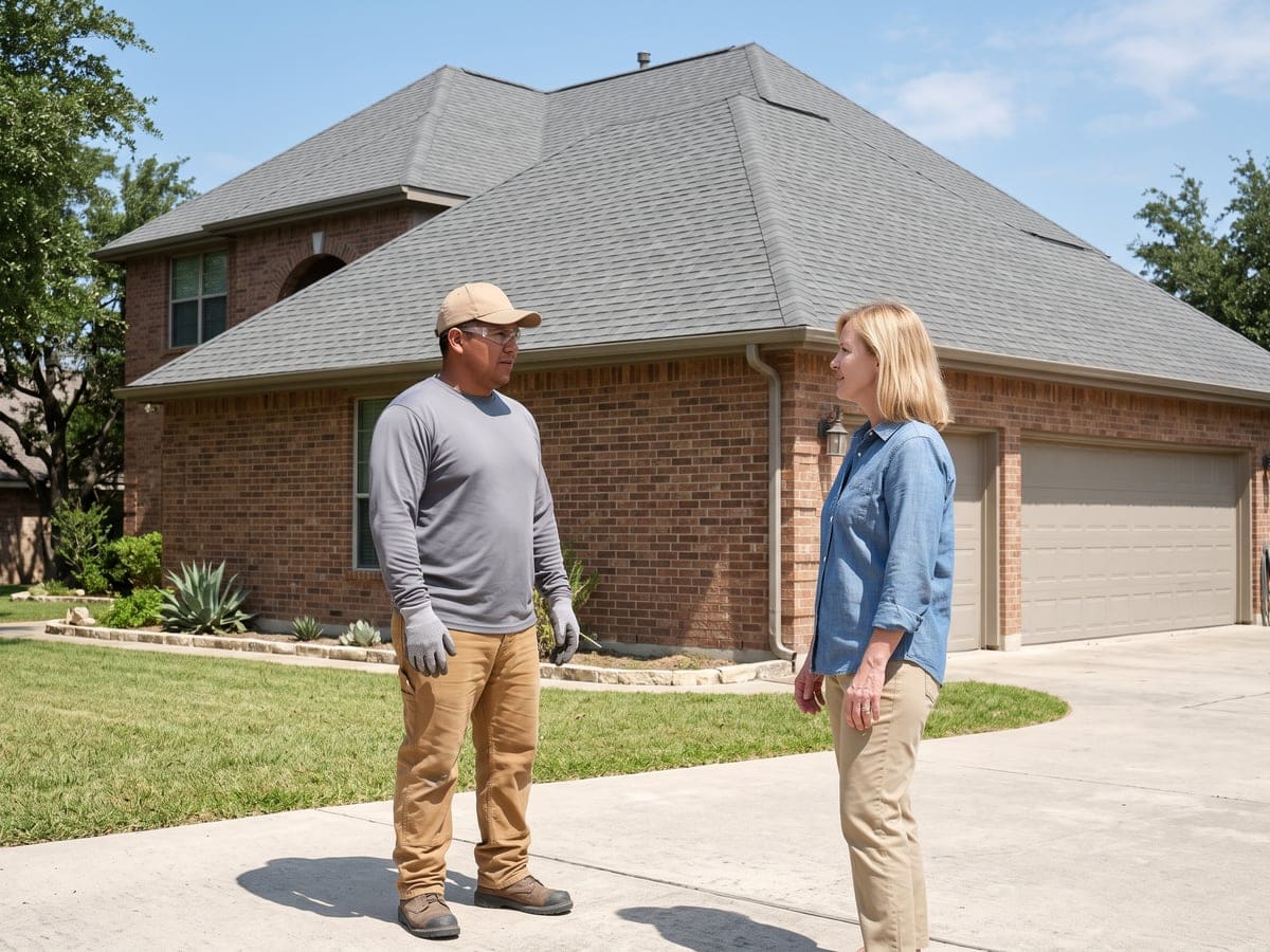 Roofing services in San Antonio: a worker and a homeowner stand on the driveway of a two-story brick house with a gray shingle roof, talking face to face.