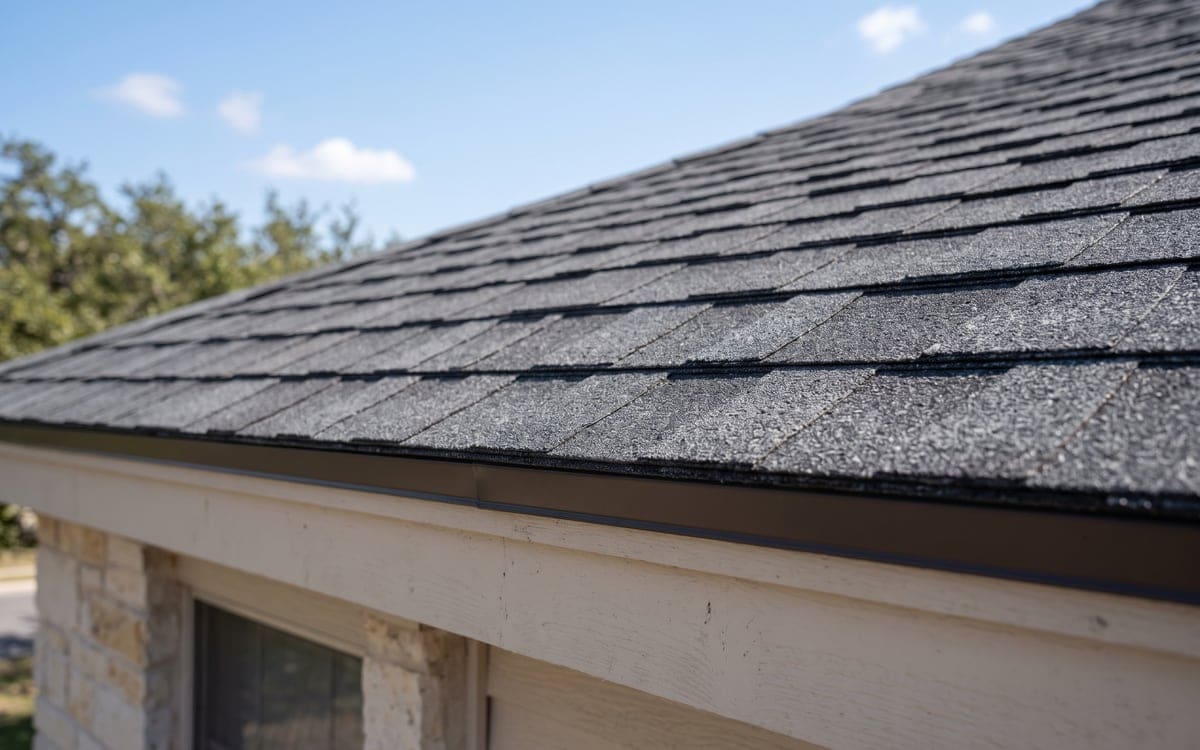 Close view of the eave edge of a dark architectural shingle roof, the thick layered edge of the shingles catching the light.