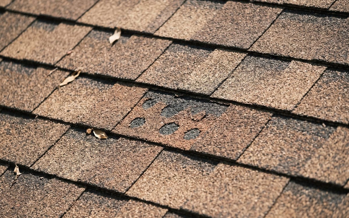 Close view of a brown architectural shingle with round spots where granules are missing, the shingles around it intact.