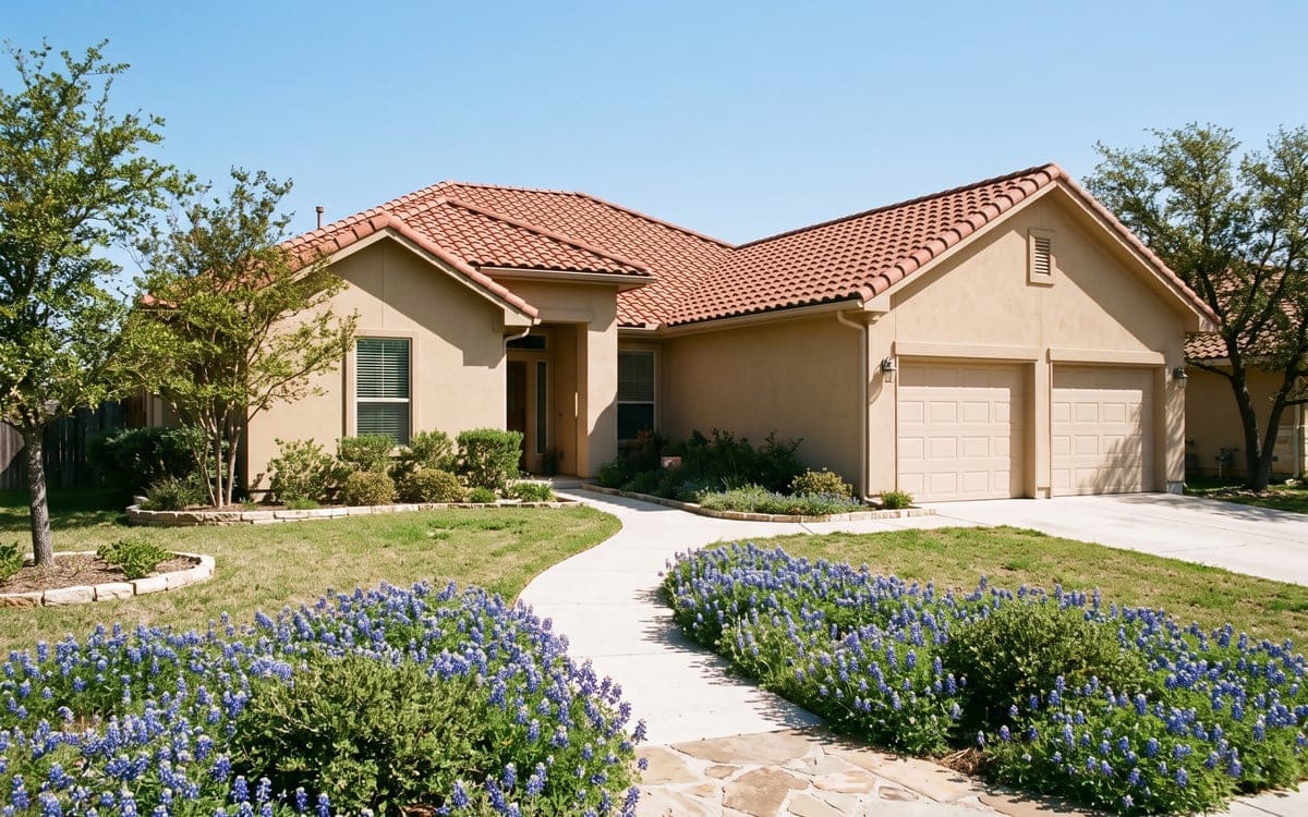 A stucco house with a red tile roof on a cool spring morning, bluebonnets along the walk.