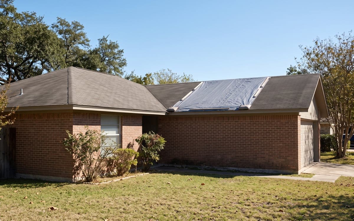 A plain gray tarp neatly fastened over one section of a shingle roof, seen from the yard, the rest of the roof intact.