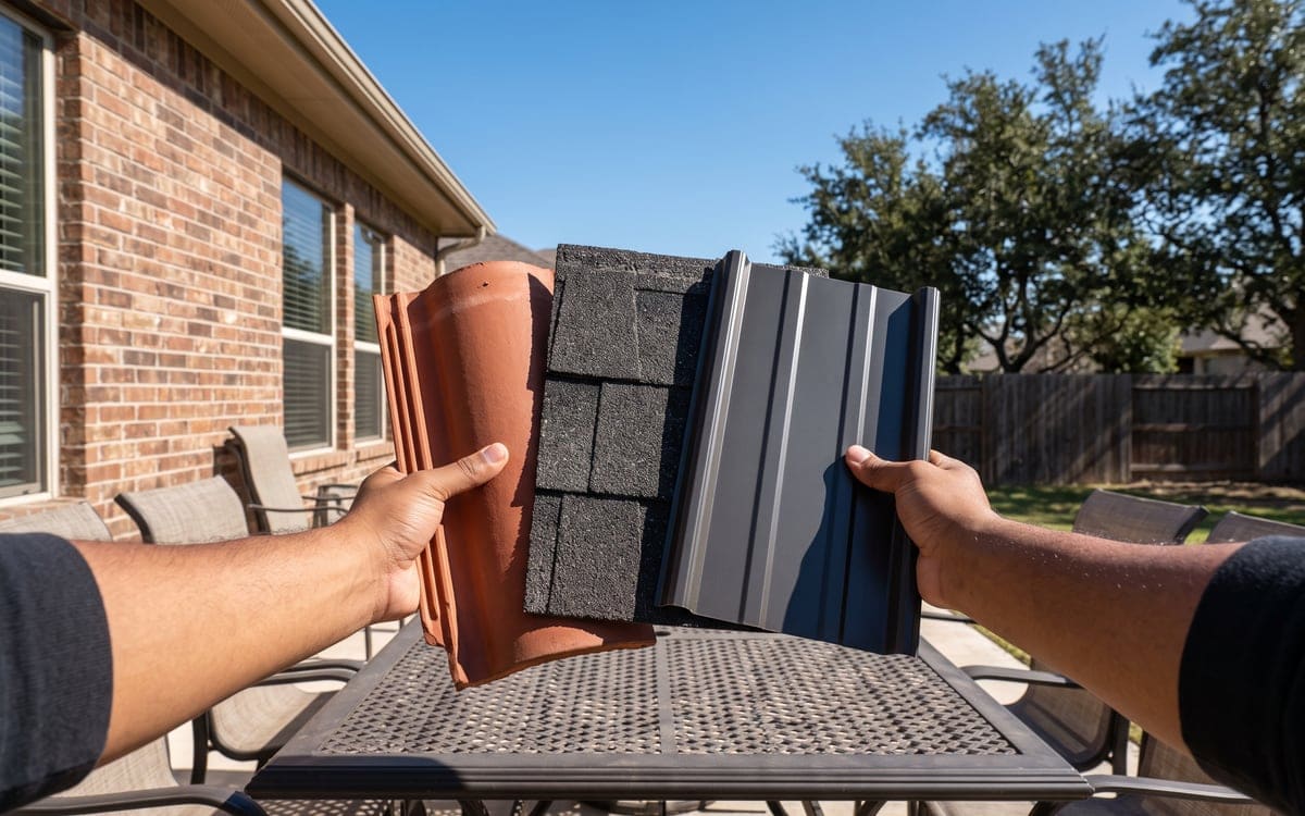 Two hands holding a red clay tile, an architectural shingle sample and a short charcoal standing seam panel over a patio table.
