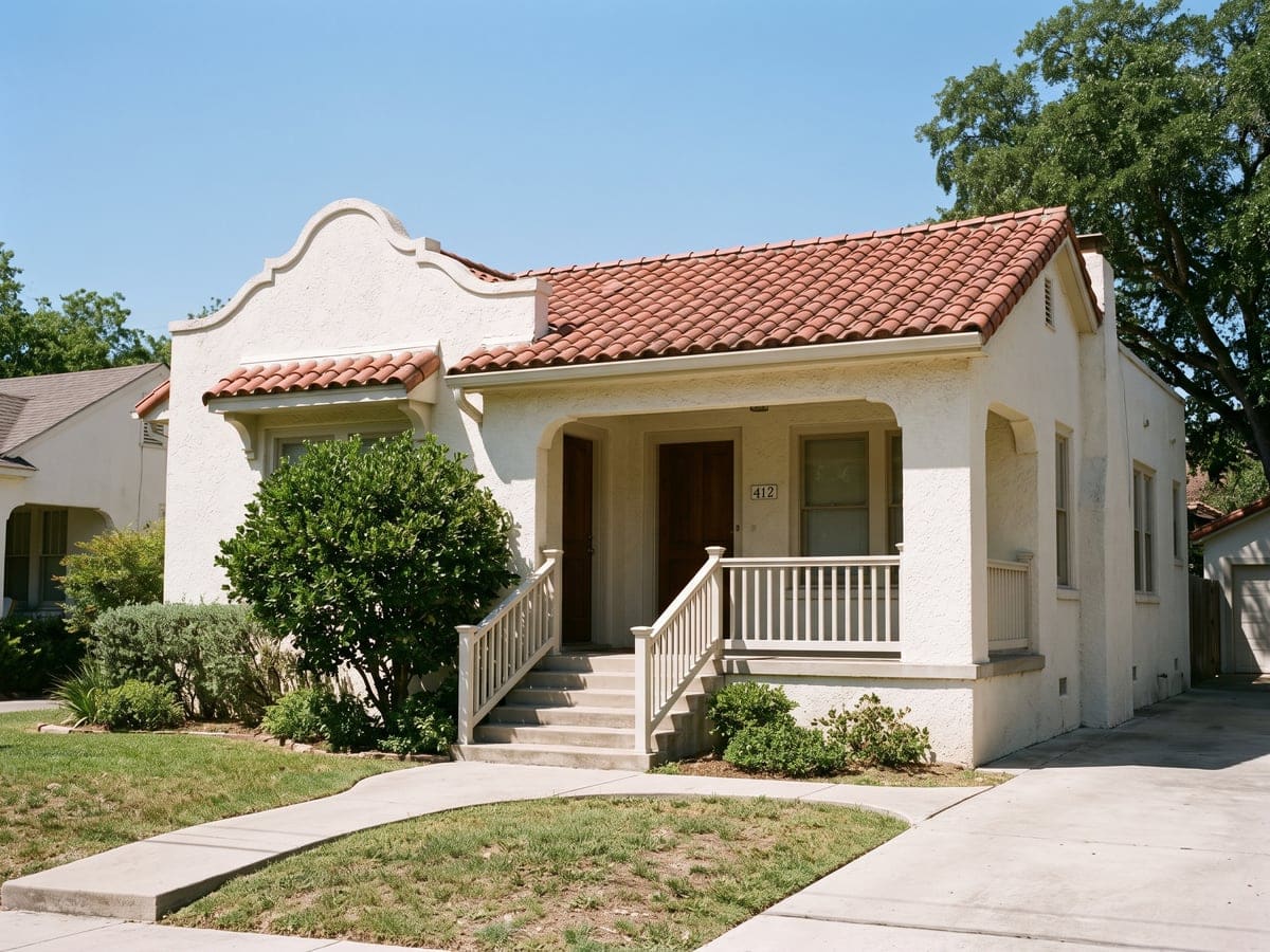 Tile roofing in San Antonio: a Mission revival stucco house with a red clay barrel tile roof, a curved parapet on one wing and a round shrub by the walk.