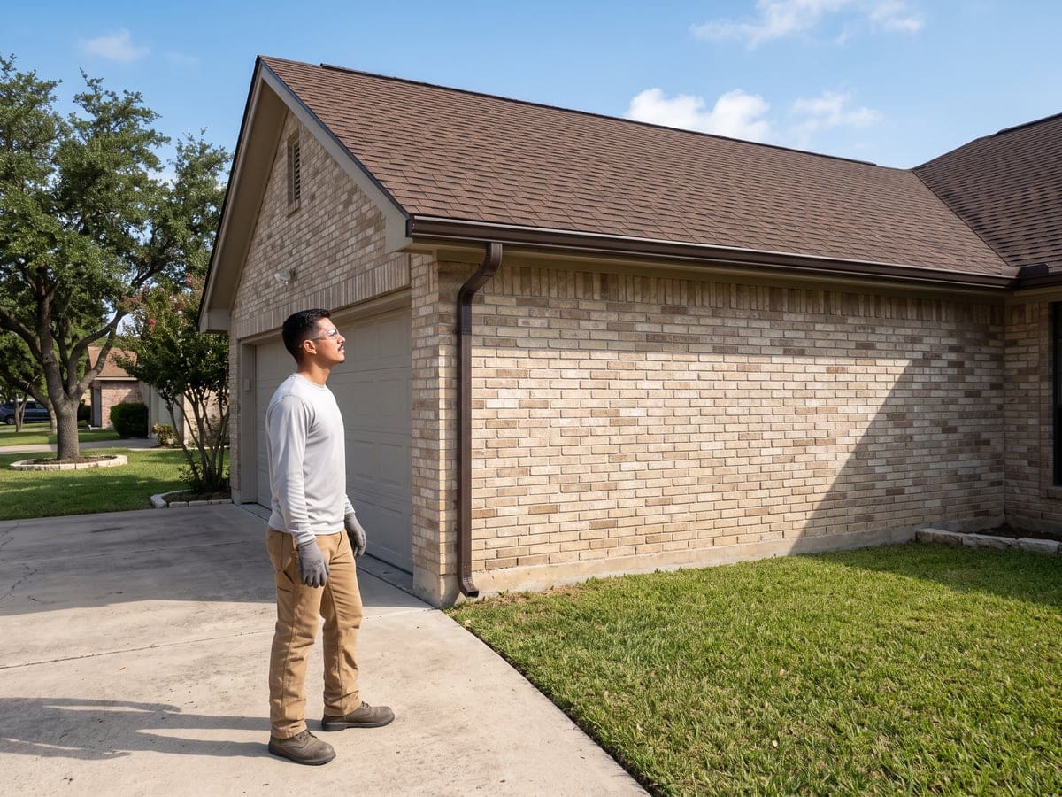 When to replace roof in San Antonio: a worker in morning light on the driveway beside a house with a freshly finished brown shingle roof.