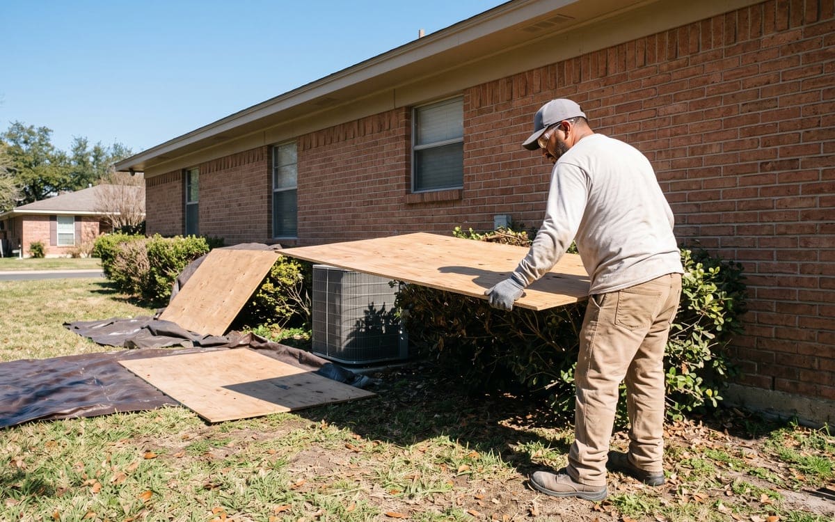 A worker laying plywood sheets over the shrubs and the air conditioning unit beside a brick house before a tear-off.